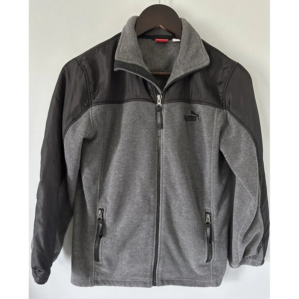 PUMA Boys Fleece And Nylon Full Zip Light Weight Jacket Gray & Black Size Medium